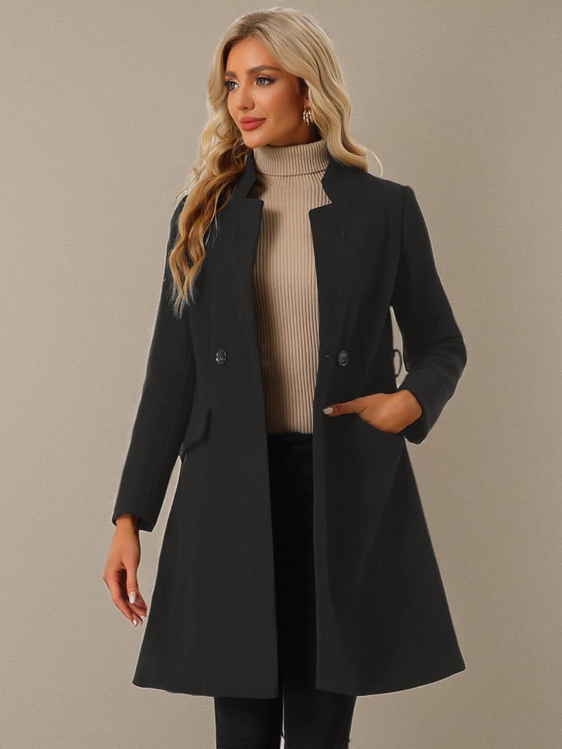imageAllegra K Winter Belted Coat for Womens Stand Collar Buttoned Outwear MidLong Work OvercoatBlack