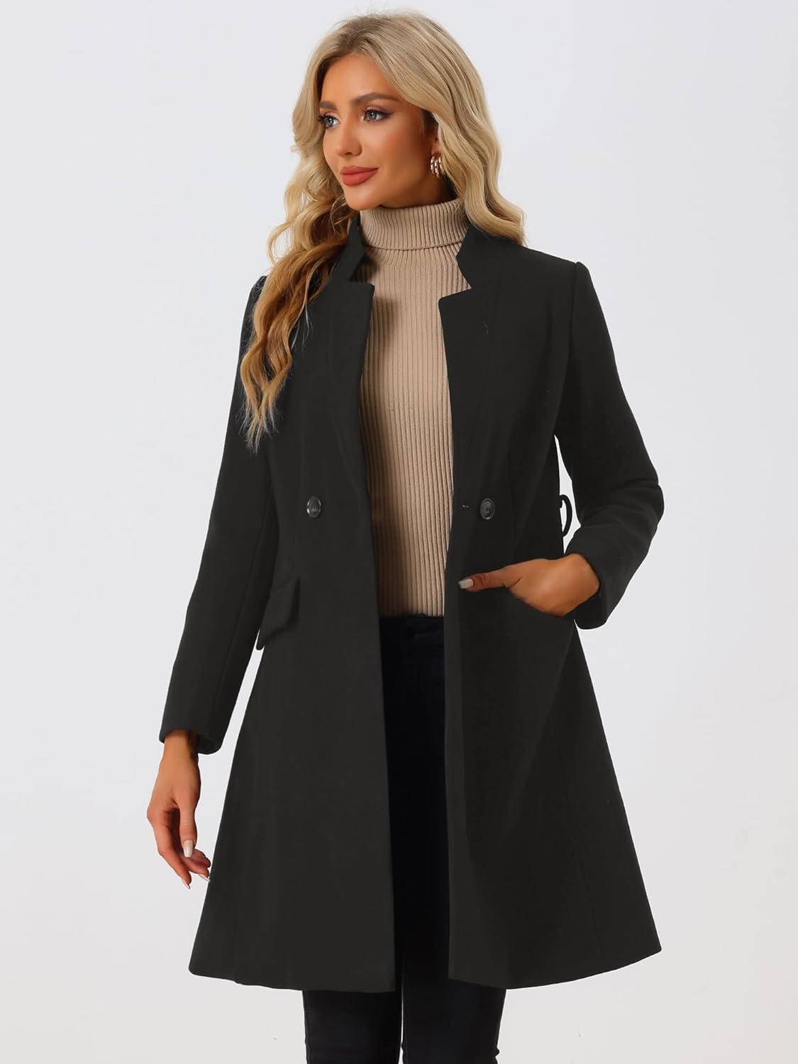 imageAllegra K Winter Belted Coat for Womens Stand Collar Buttoned Outwear MidLong Work OvercoatBlack