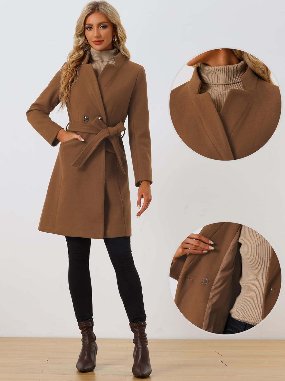 imageAllegra K Winter Belted Coat for Womens Stand Collar Buttoned Outwear MidLong Work OvercoatBrown