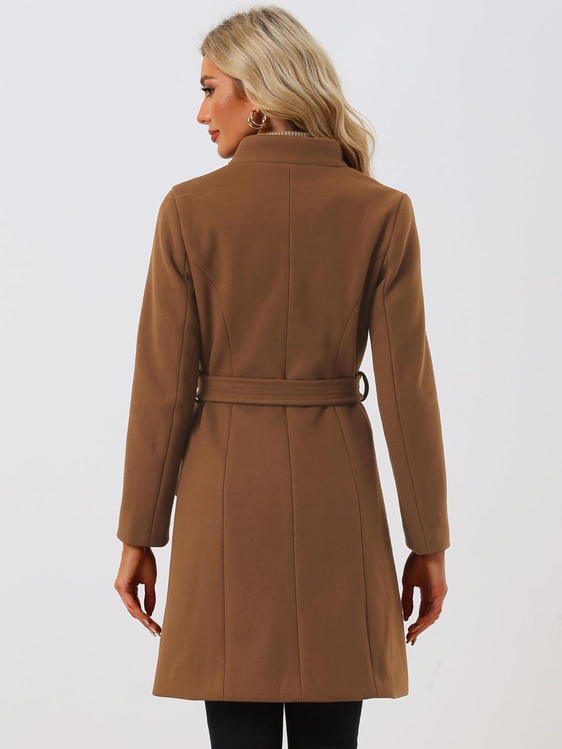 imageAllegra K Winter Belted Coat for Womens Stand Collar Buttoned Outwear MidLong Work OvercoatBrown
