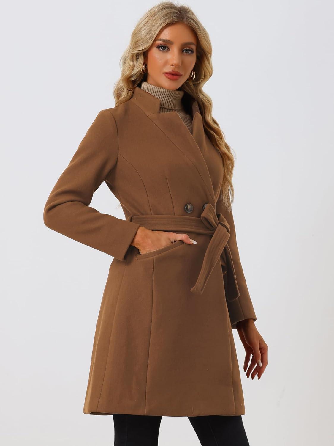 imageAllegra K Winter Belted Coat for Womens Stand Collar Buttoned Outwear MidLong Work OvercoatBrown