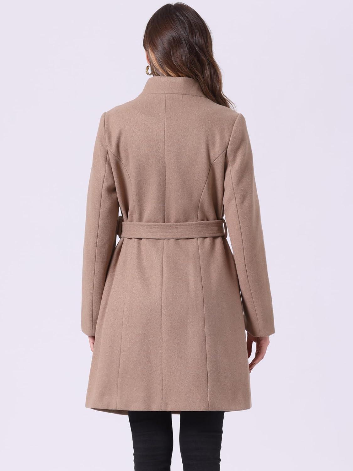 imageAllegra K Winter Belted Coat for Womens Stand Collar Buttoned Outwear MidLong Work OvercoatDark Beige
