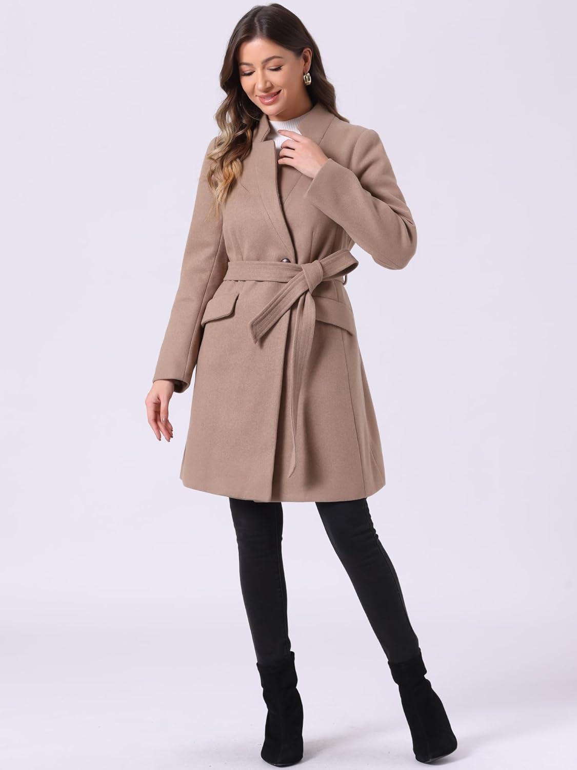 imageAllegra K Winter Belted Coat for Womens Stand Collar Buttoned Outwear MidLong Work OvercoatDark Beige