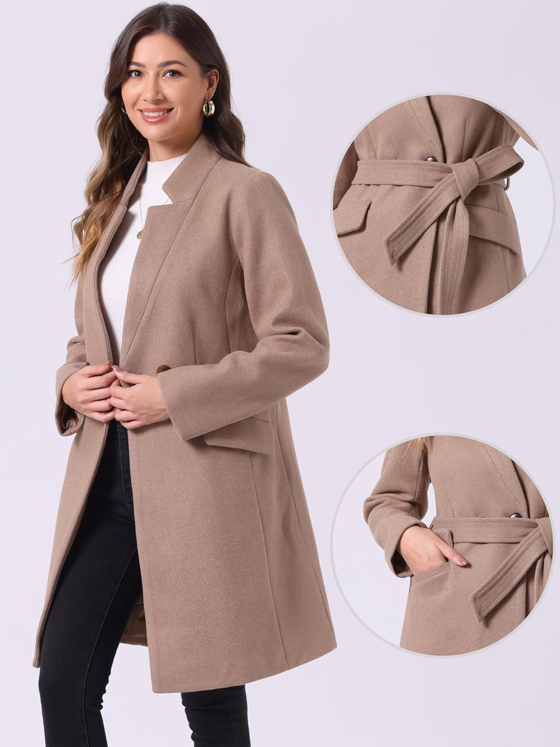 imageAllegra K Winter Belted Coat for Womens Stand Collar Buttoned Outwear MidLong Work OvercoatDark Beige