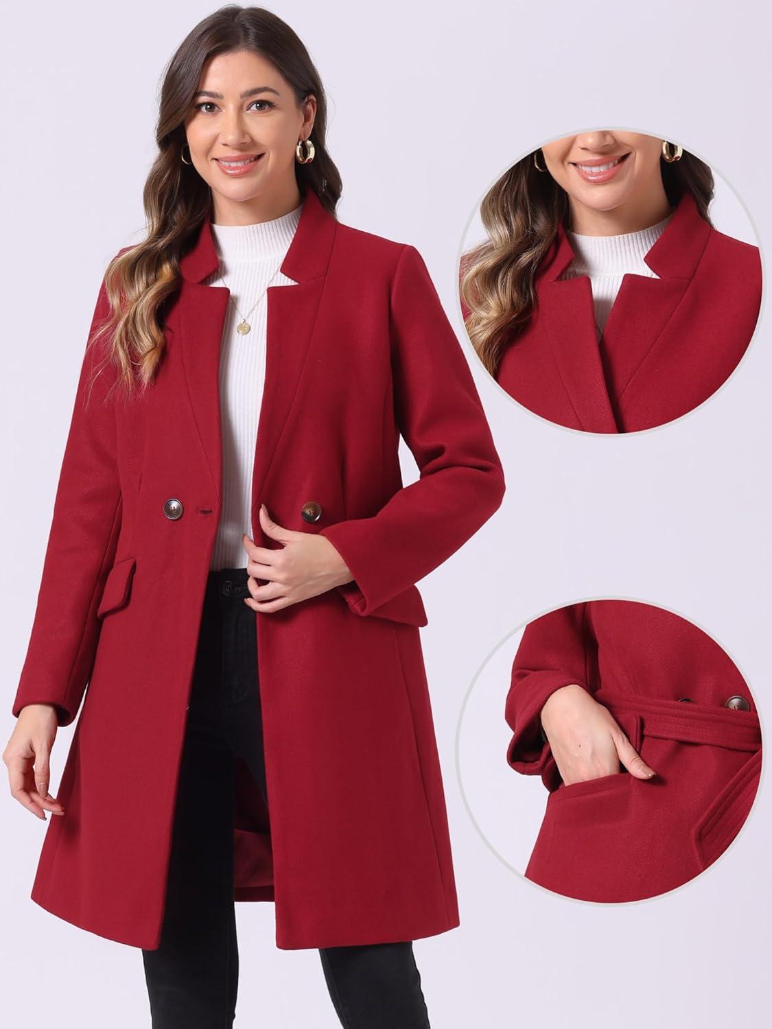 imageAllegra K Winter Belted Coat for Womens Stand Collar Buttoned Outwear MidLong Work OvercoatDark Red