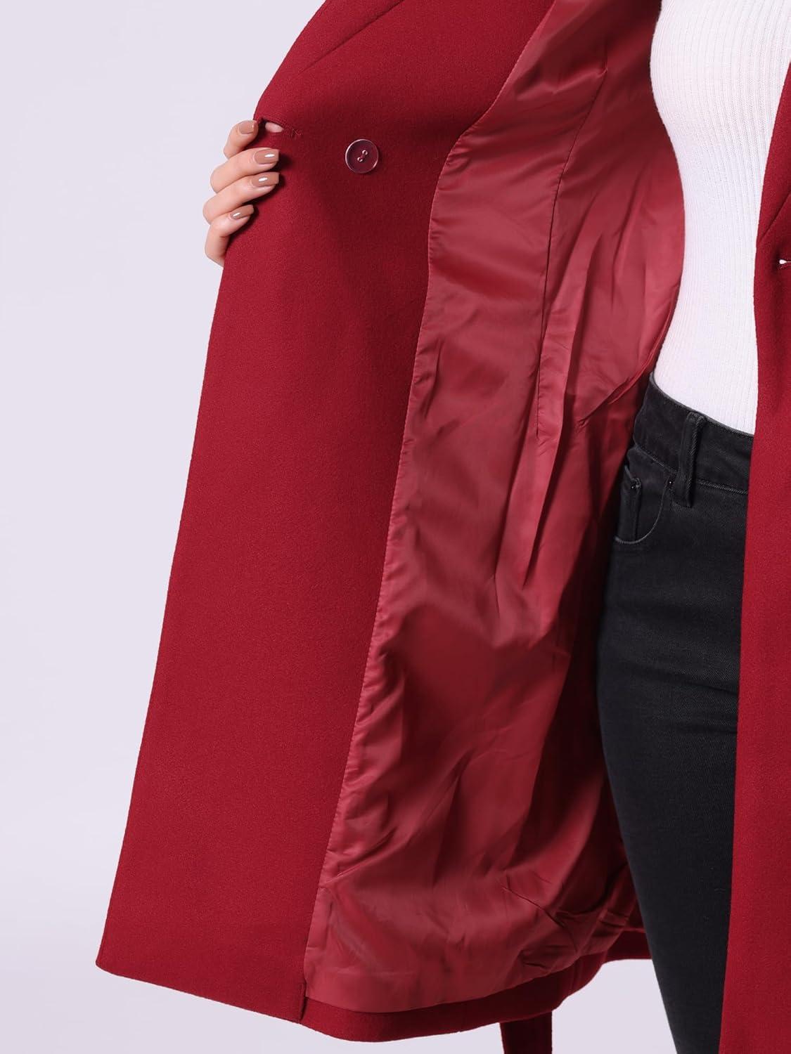 imageAllegra K Winter Belted Coat for Womens Stand Collar Buttoned Outwear MidLong Work OvercoatDark Red