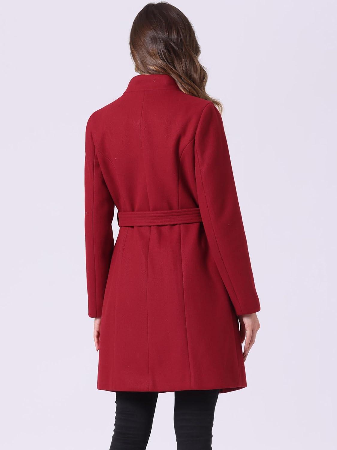 imageAllegra K Winter Belted Coat for Womens Stand Collar Buttoned Outwear MidLong Work OvercoatDark Red