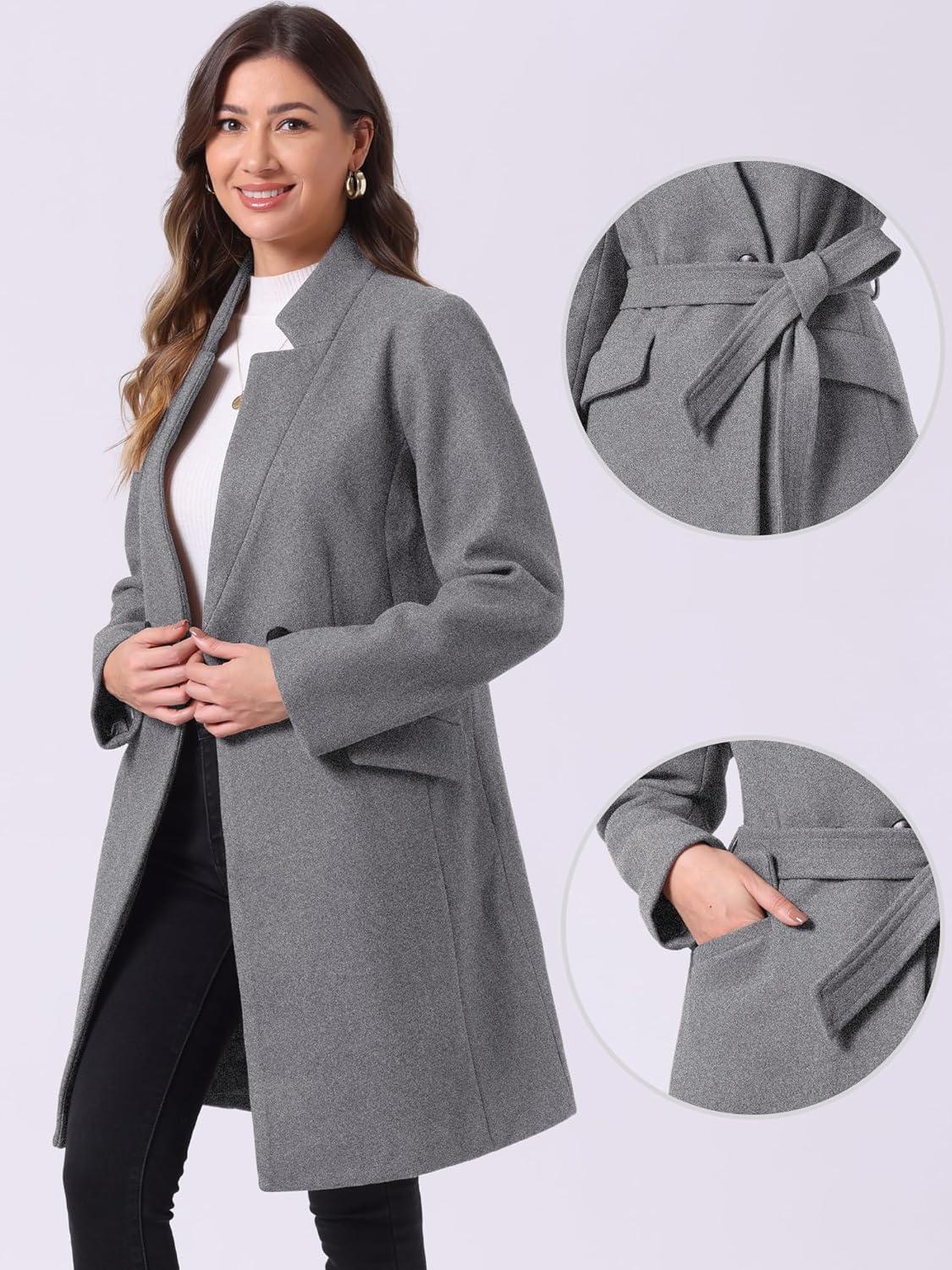 imageAllegra K Winter Belted Coat for Womens Stand Collar Buttoned Outwear MidLong Work OvercoatGrey