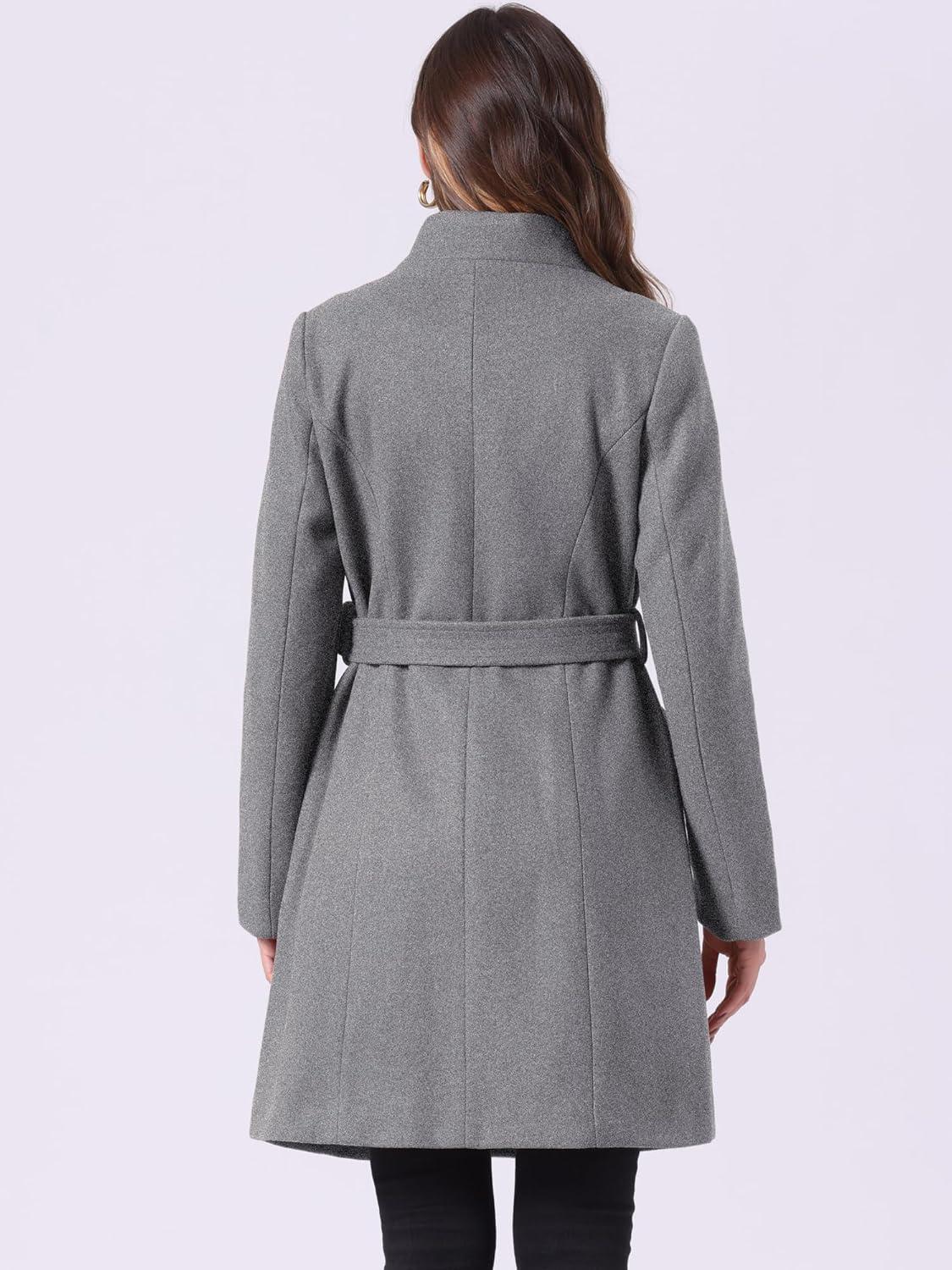 imageAllegra K Winter Belted Coat for Womens Stand Collar Buttoned Outwear MidLong Work OvercoatGrey