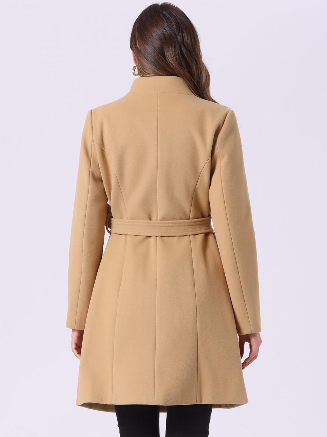 imageAllegra K Winter Belted Coat for Womens Stand Collar Buttoned Outwear MidLong Work OvercoatKhaki
