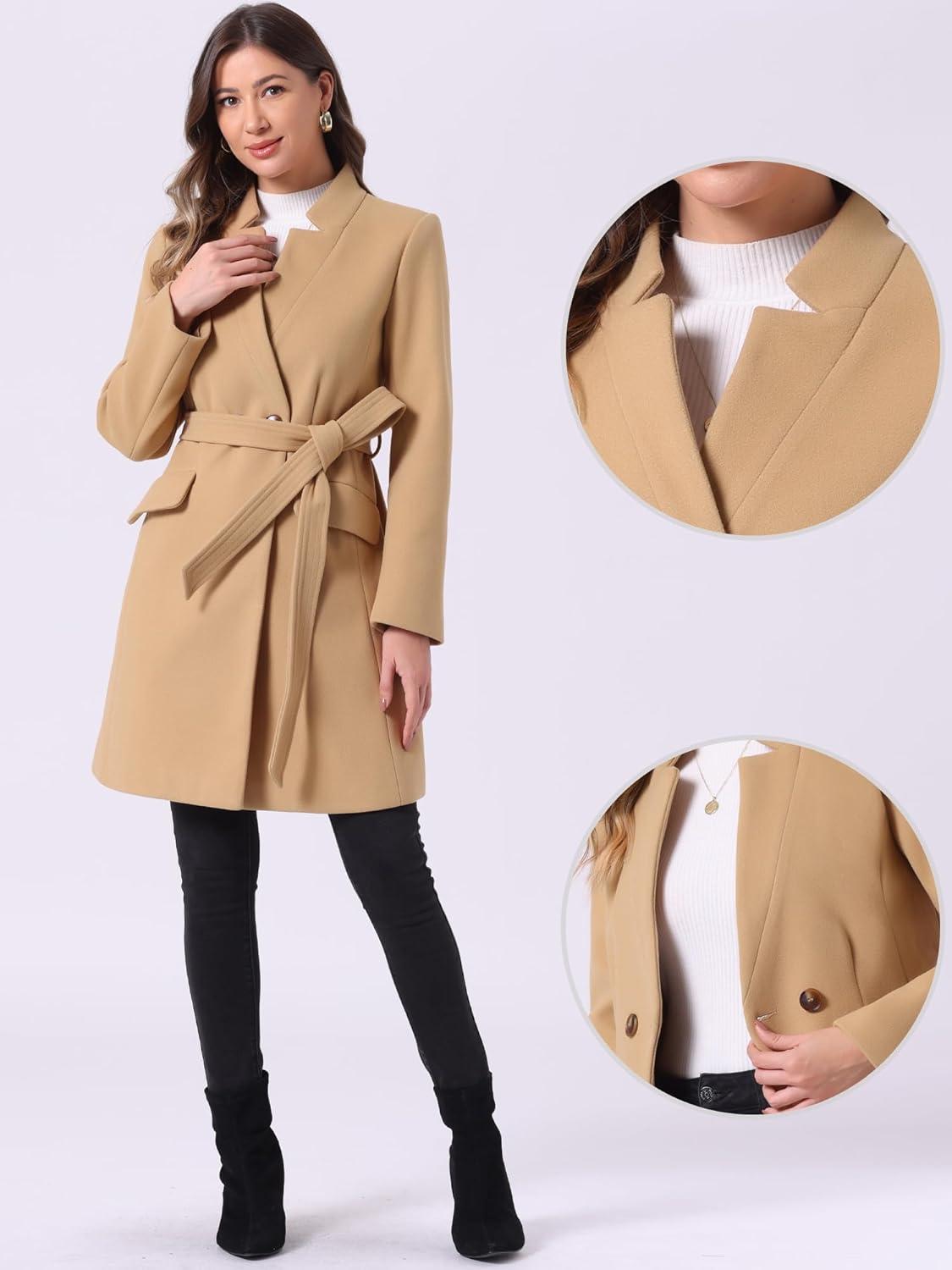 imageAllegra K Winter Belted Coat for Womens Stand Collar Buttoned Outwear MidLong Work OvercoatKhaki