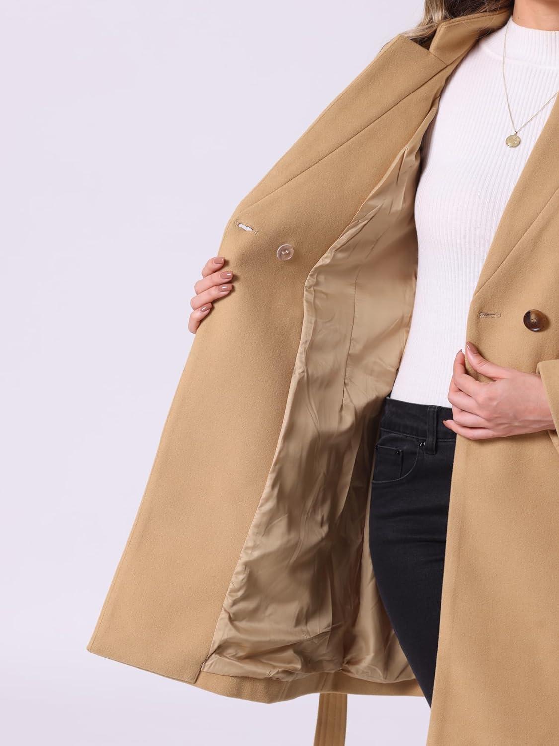 imageAllegra K Winter Belted Coat for Womens Stand Collar Buttoned Outwear MidLong Work OvercoatKhaki