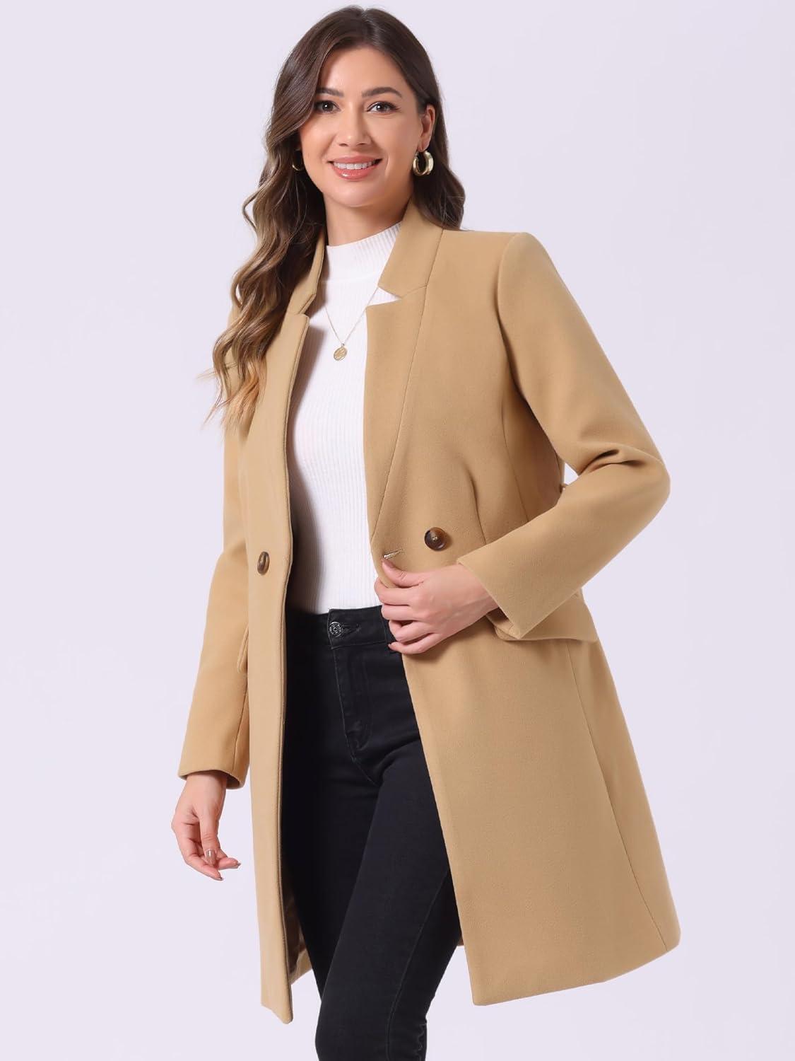 imageAllegra K Winter Belted Coat for Womens Stand Collar Buttoned Outwear MidLong Work OvercoatKhaki