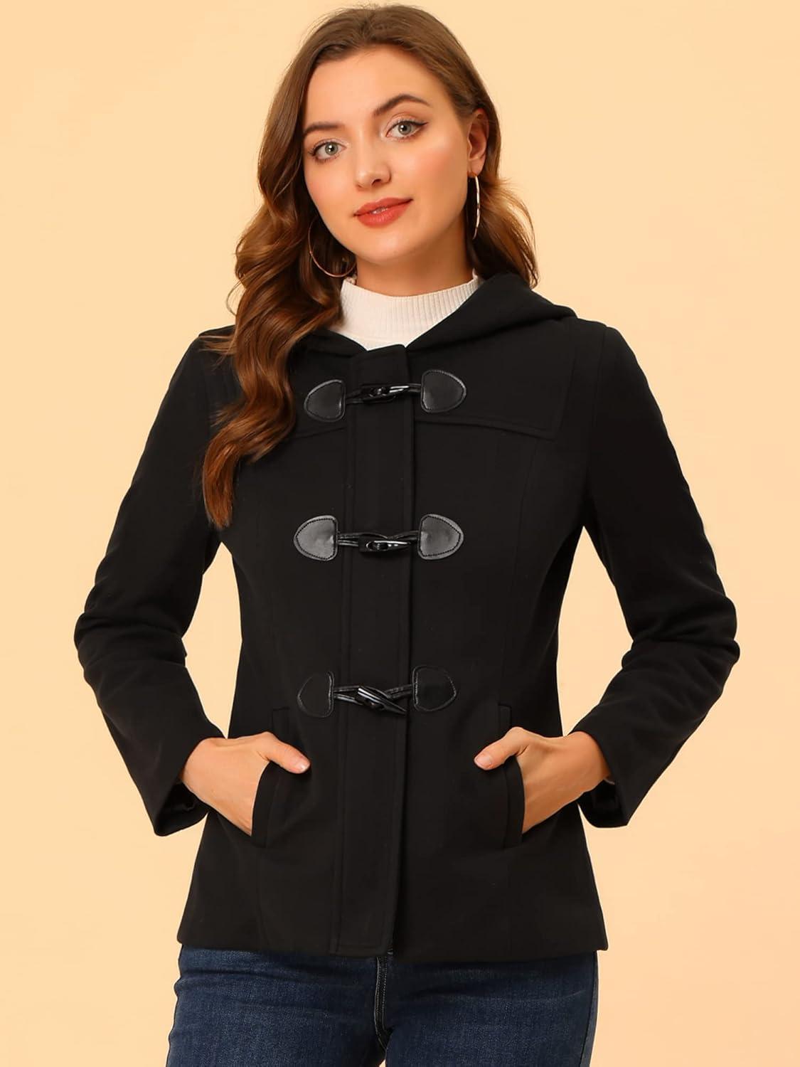 imageAllegra K Womens Casual Winter Outwear Hooded Button Peacoat Toggle Duffle CoatBlack