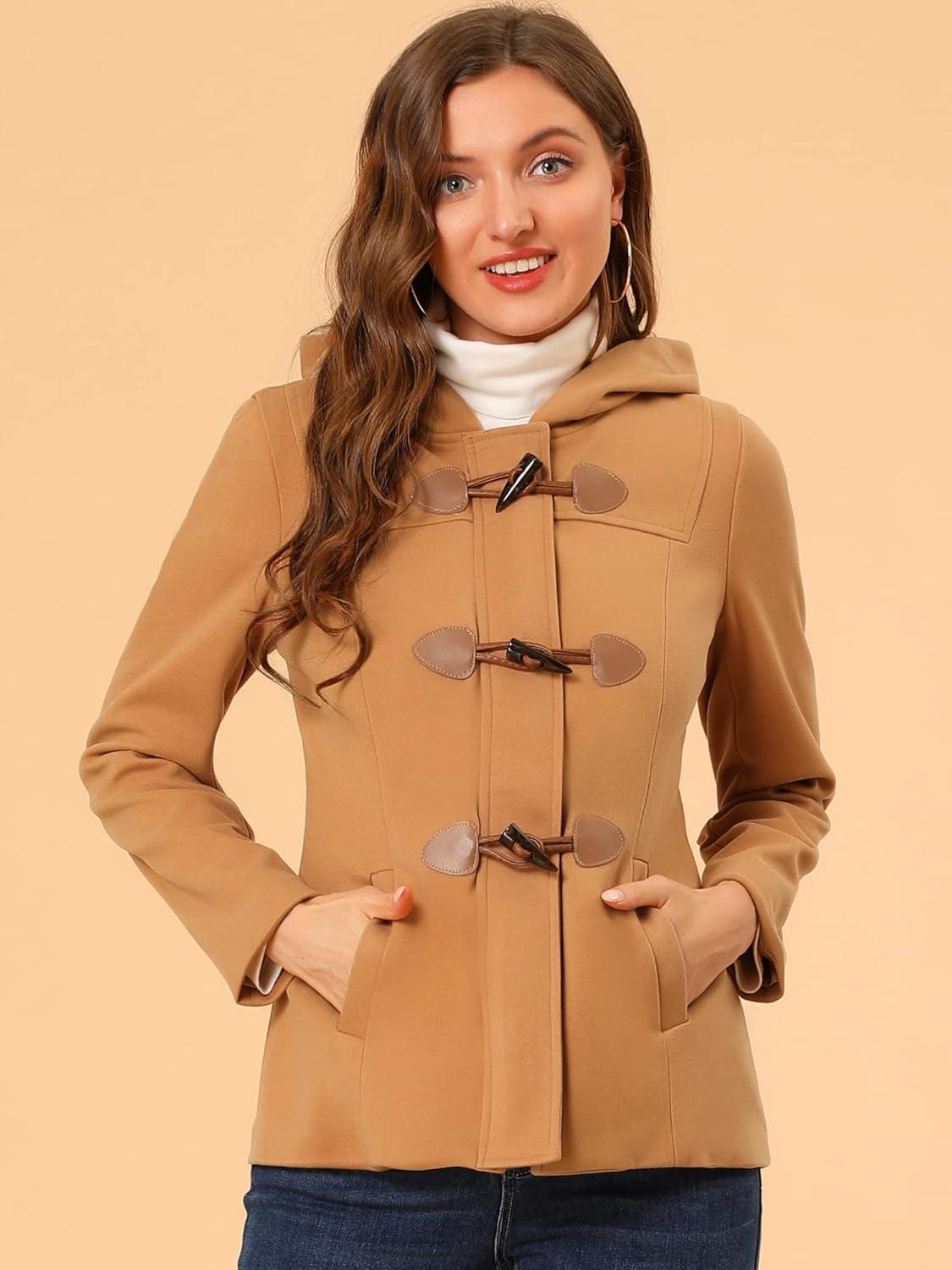 imageAllegra K Womens Casual Winter Outwear Hooded Button Peacoat Toggle Duffle CoatBrown