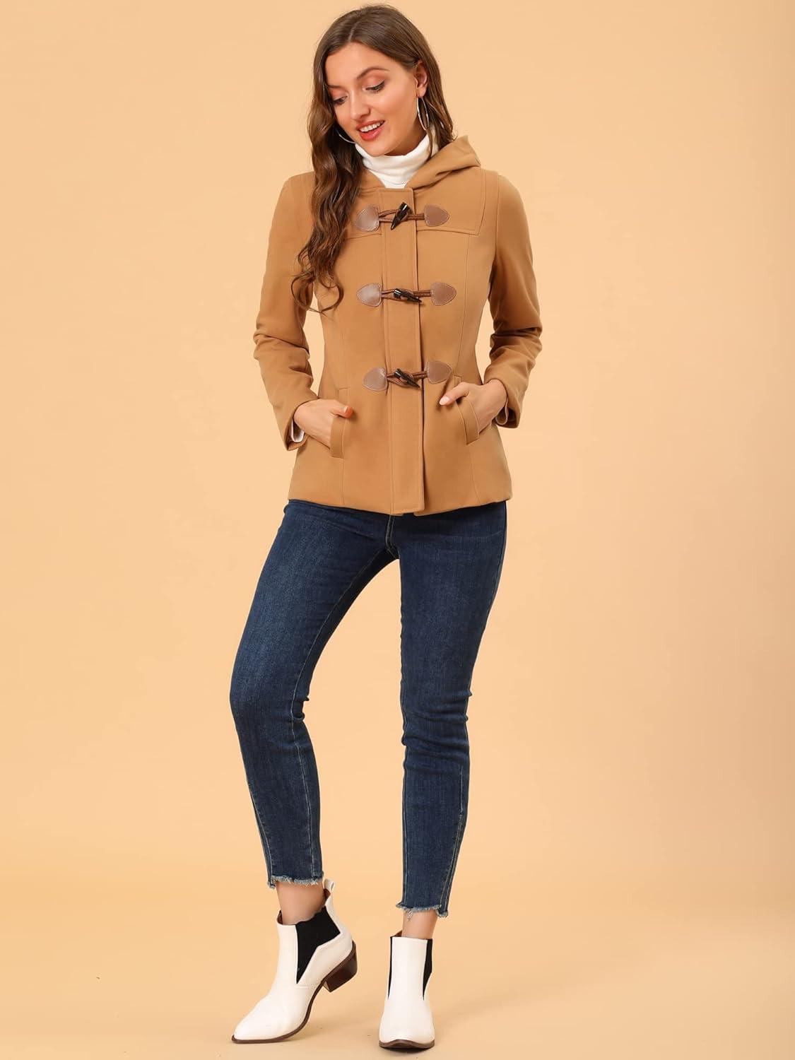 imageAllegra K Womens Casual Winter Outwear Hooded Button Peacoat Toggle Duffle CoatBrown