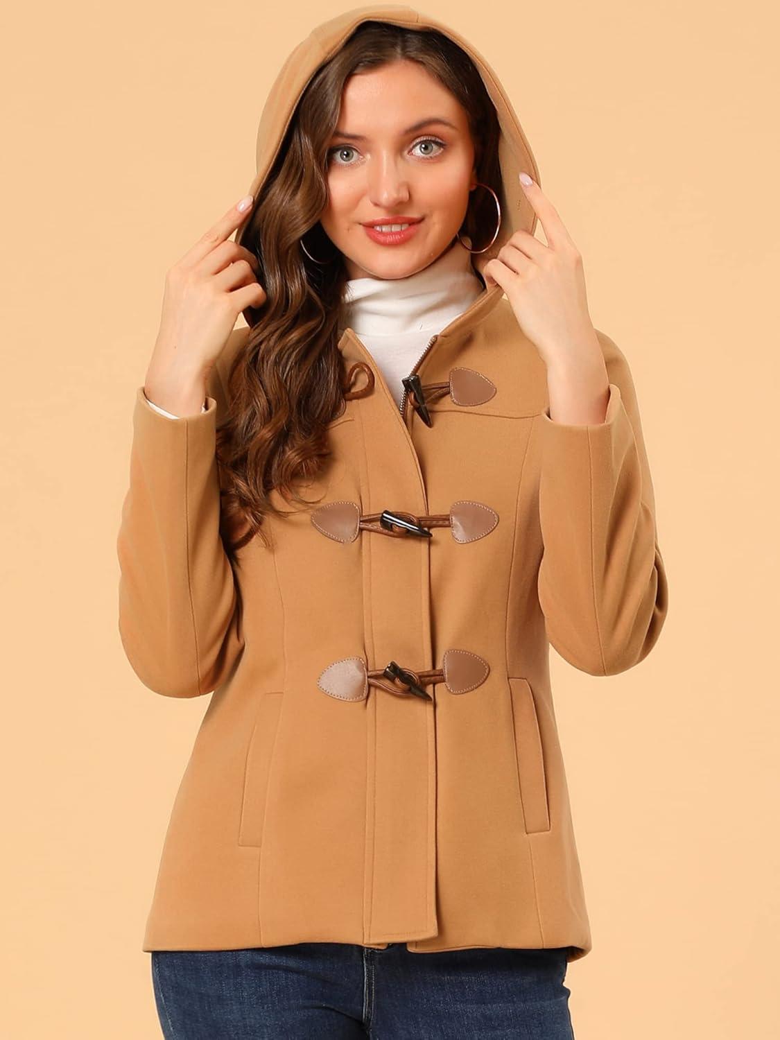 imageAllegra K Womens Casual Winter Outwear Hooded Button Peacoat Toggle Duffle CoatBrown