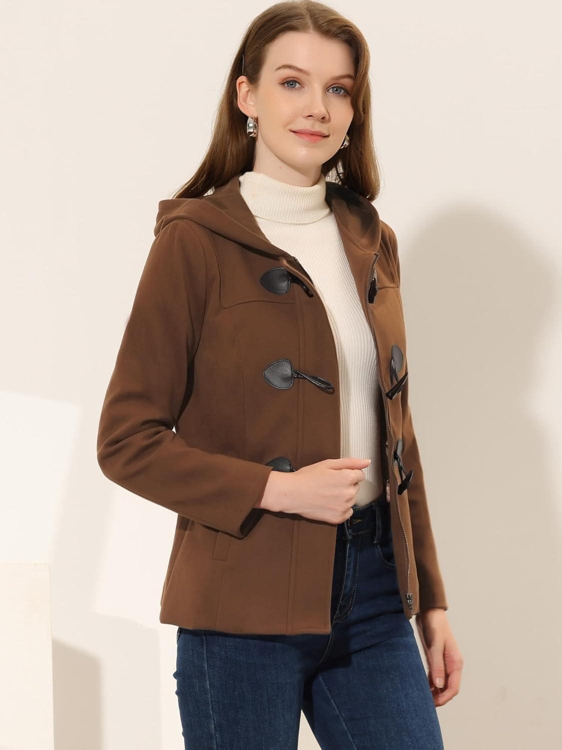 imageAllegra K Womens Casual Winter Outwear Hooded Button Peacoat Toggle Duffle CoatDark Brown