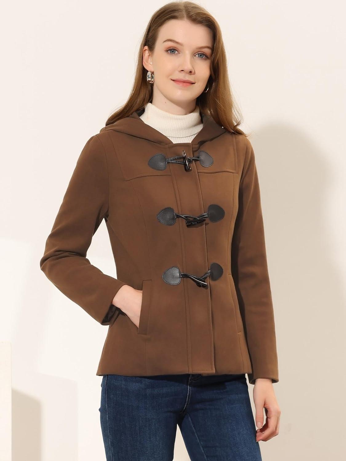 imageAllegra K Womens Casual Winter Outwear Hooded Button Peacoat Toggle Duffle CoatDark Brown