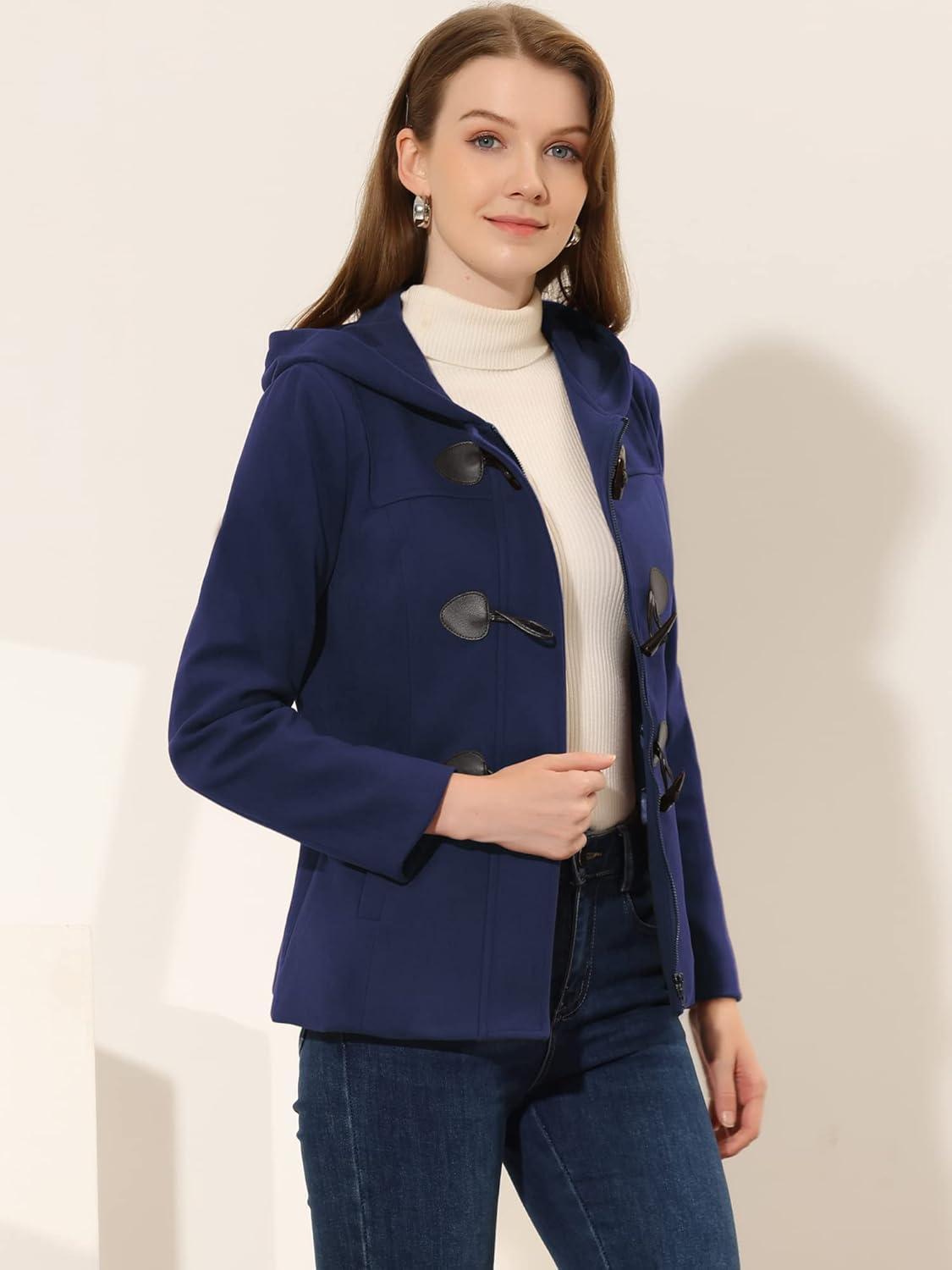 imageAllegra K Womens Casual Winter Outwear Hooded Button Peacoat Toggle Duffle CoatNavy Blue