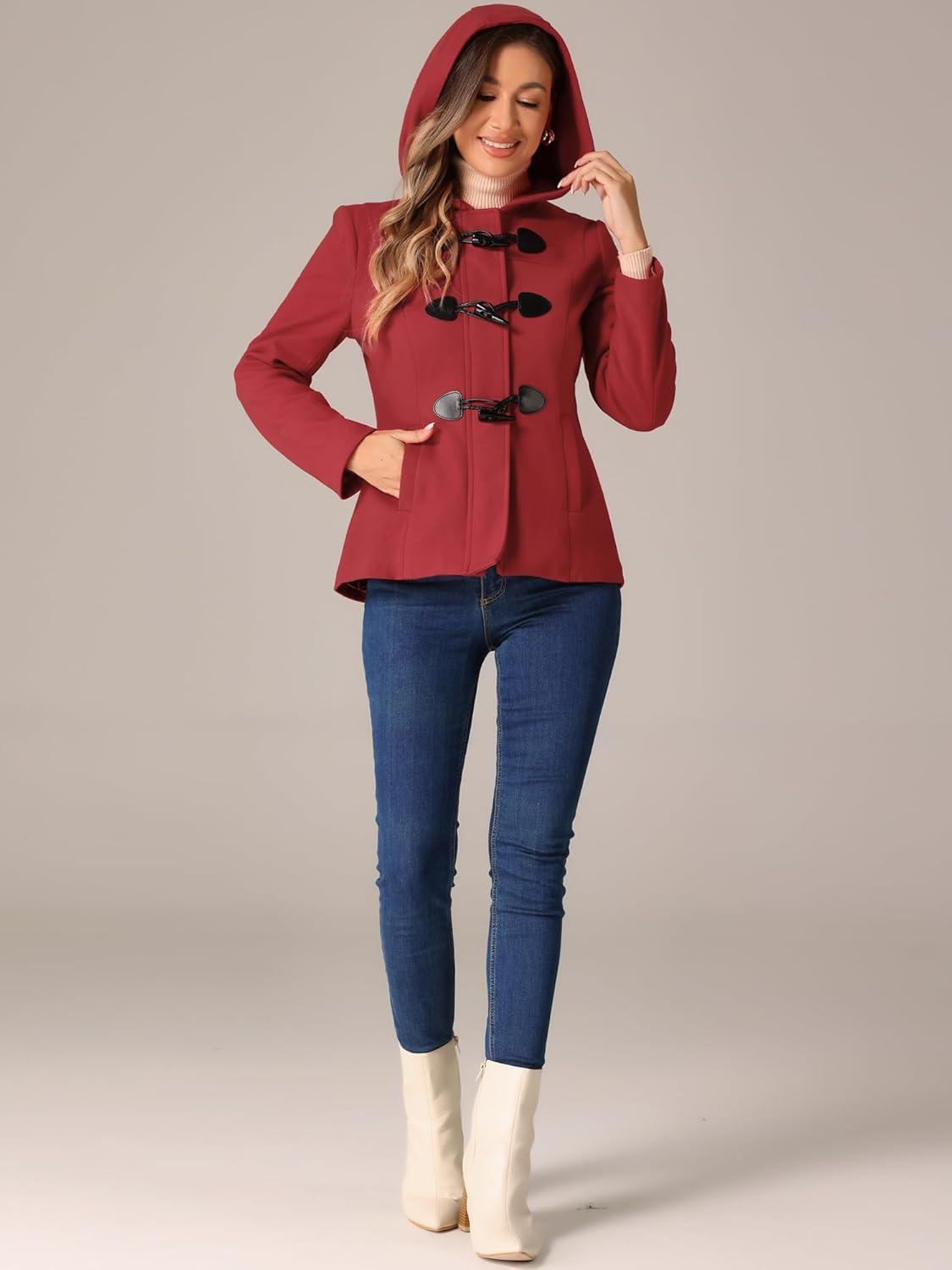 imageAllegra K Womens Casual Winter Outwear Hooded Button Peacoat Toggle Duffle CoatRed