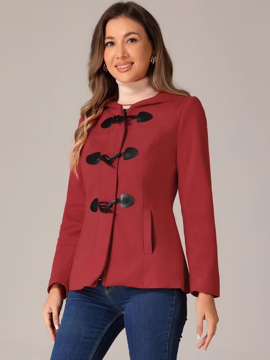imageAllegra K Womens Casual Winter Outwear Hooded Button Peacoat Toggle Duffle CoatRed