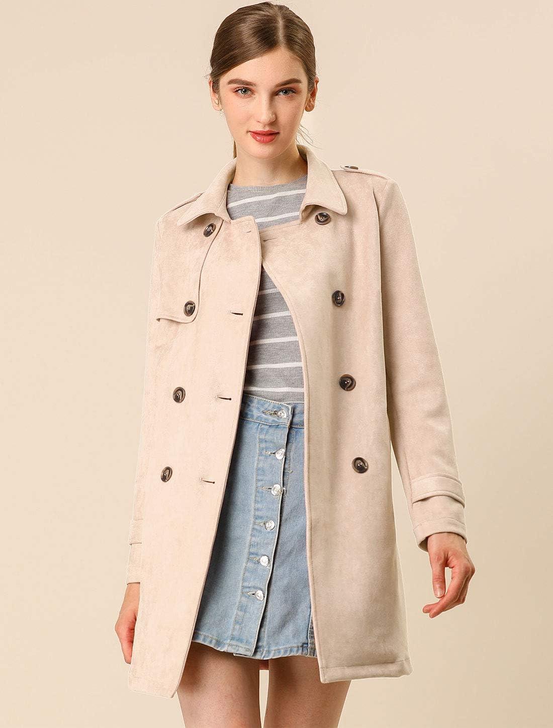 imageAllegra K Womens Faux Suede Trench Coat Notched Lapel Double Breasted Jacket with BeltApricot