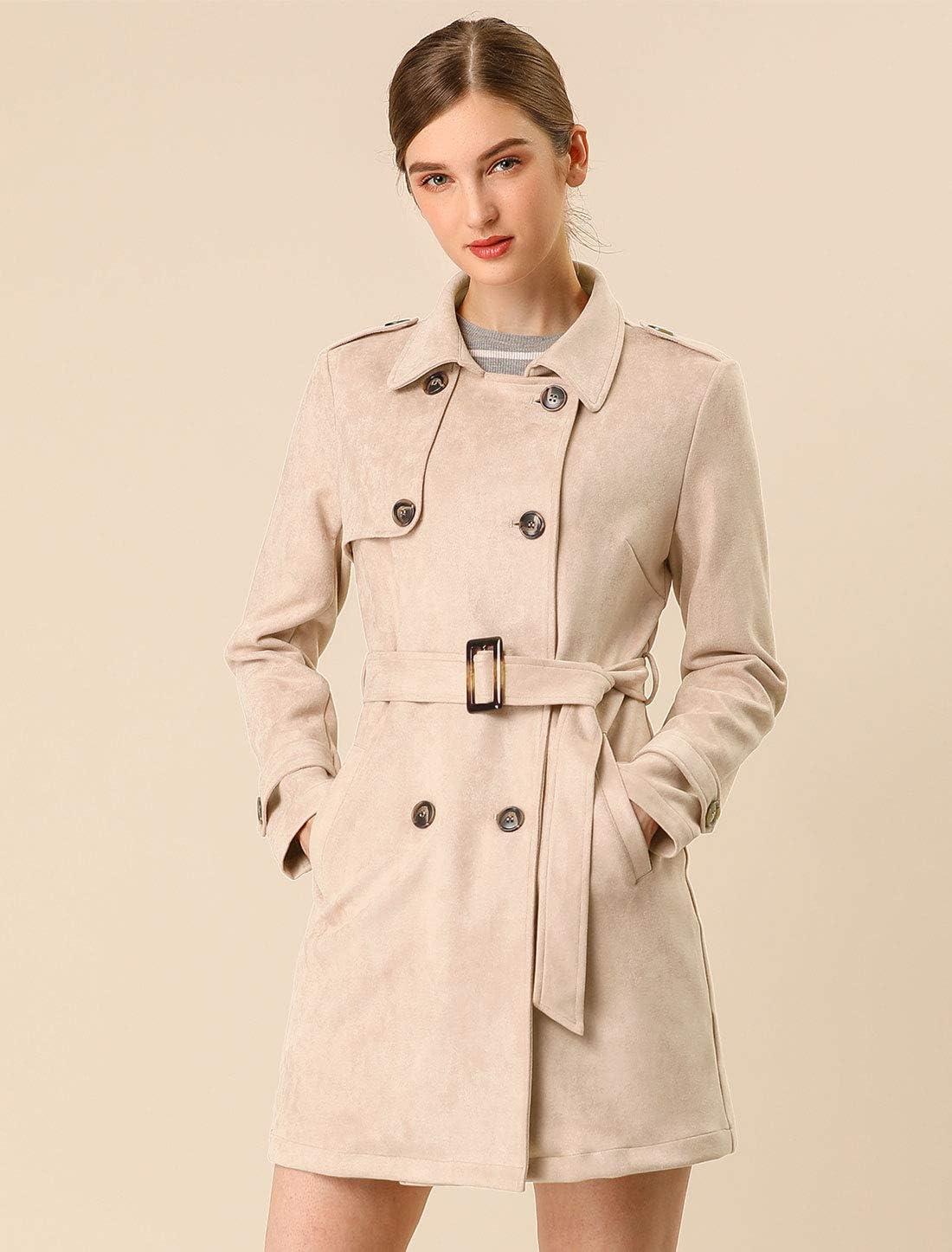 imageAllegra K Womens Faux Suede Trench Coat Notched Lapel Double Breasted Jacket with BeltApricot