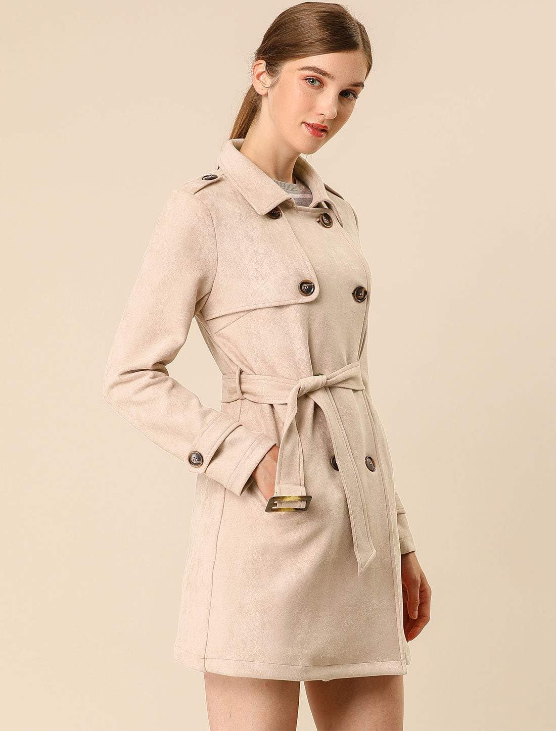 imageAllegra K Womens Faux Suede Trench Coat Notched Lapel Double Breasted Jacket with BeltApricot