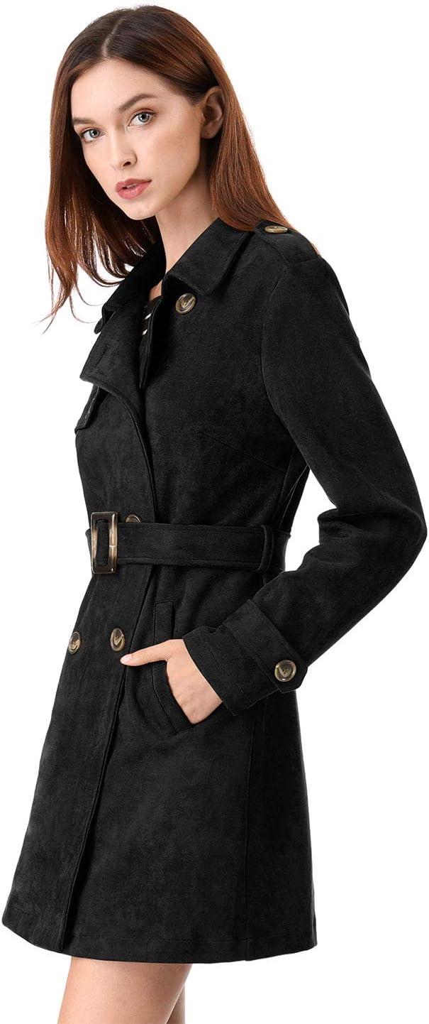 imageAllegra K Womens Faux Suede Trench Coat Notched Lapel Double Breasted Jacket with BeltBlack