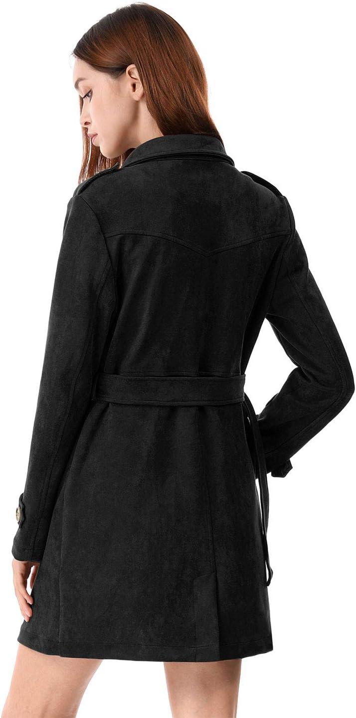 imageAllegra K Womens Faux Suede Trench Coat Notched Lapel Double Breasted Jacket with BeltBlack