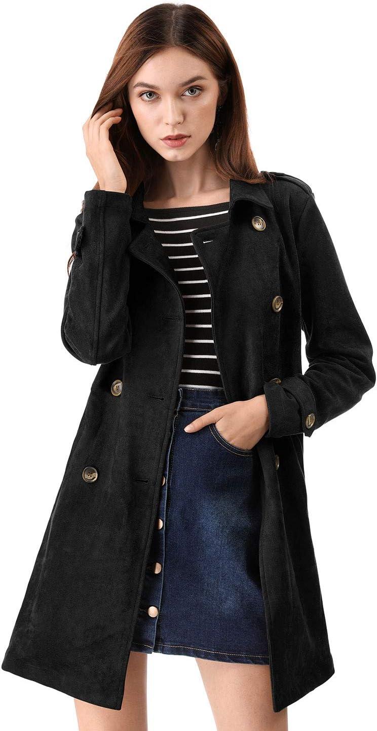 imageAllegra K Womens Faux Suede Trench Coat Notched Lapel Double Breasted Jacket with BeltBlack