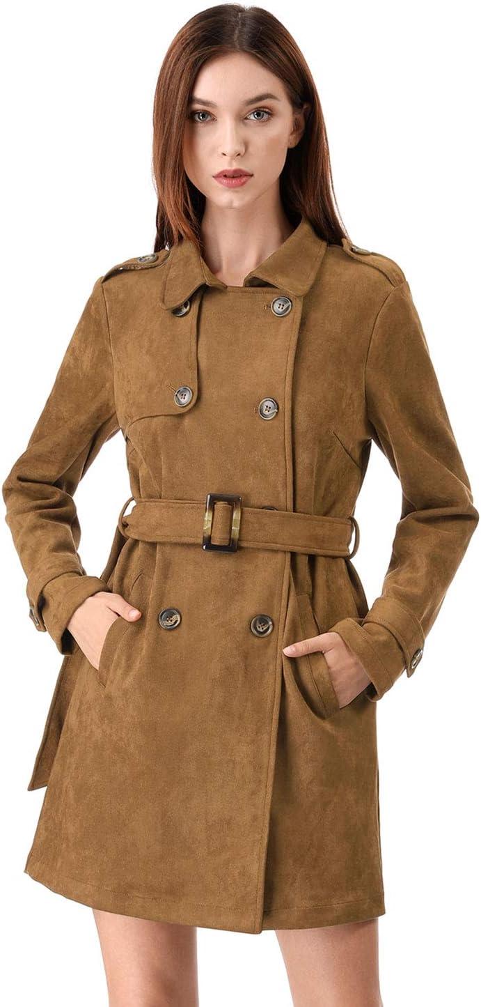 imageAllegra K Womens Faux Suede Trench Coat Notched Lapel Double Breasted Jacket with BeltBrown