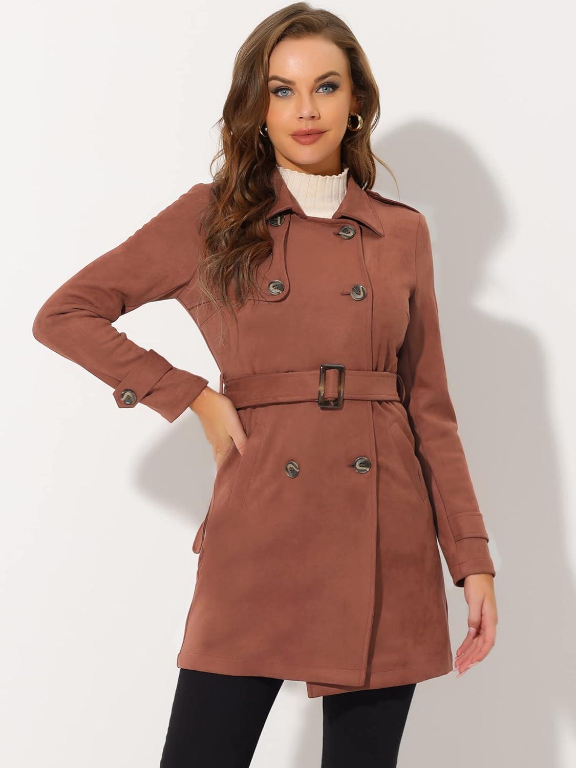 imageAllegra K Womens Faux Suede Trench Coat Notched Lapel Double Breasted Jacket with BeltCaramel