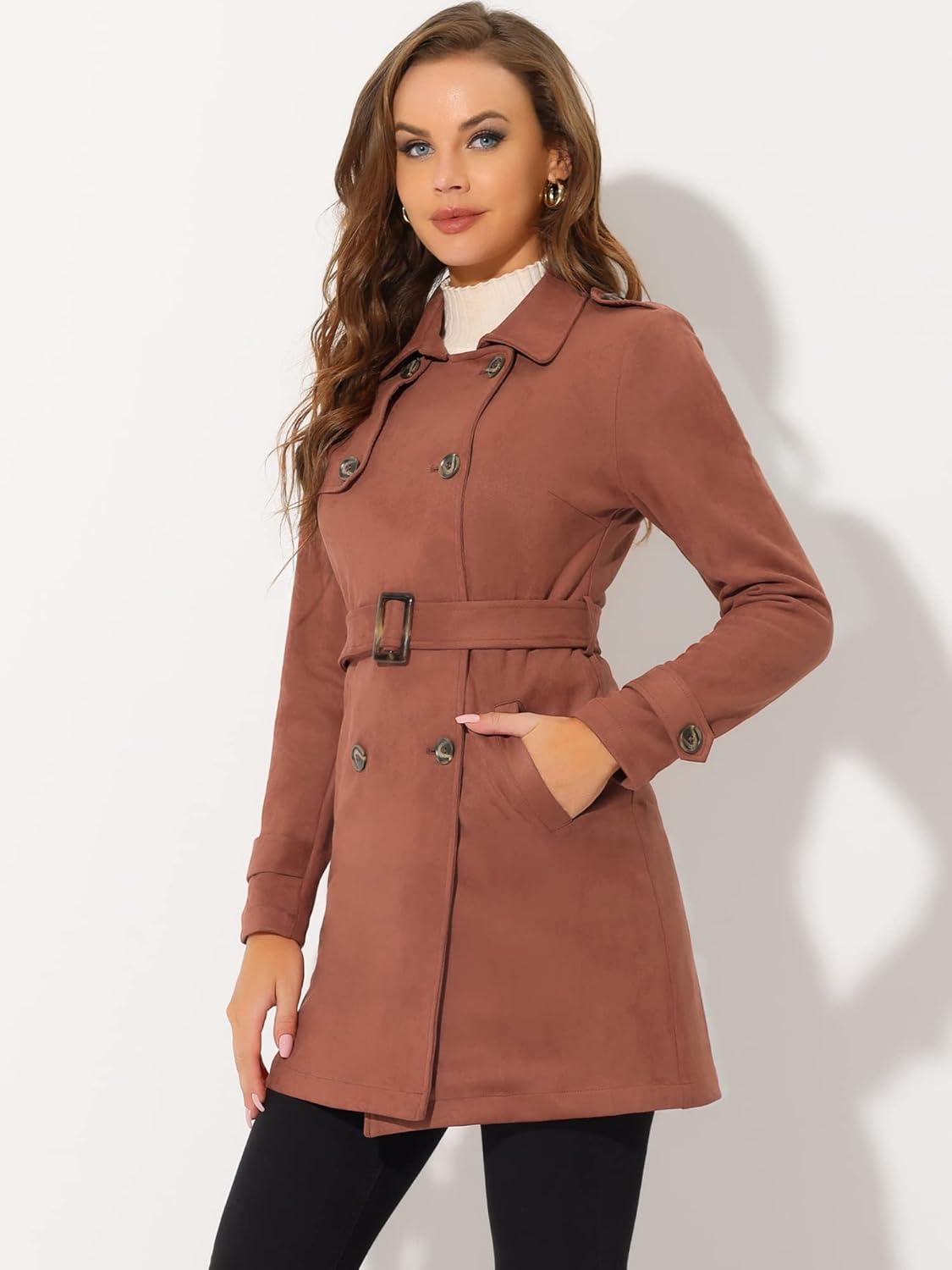 imageAllegra K Womens Faux Suede Trench Coat Notched Lapel Double Breasted Jacket with BeltCaramel