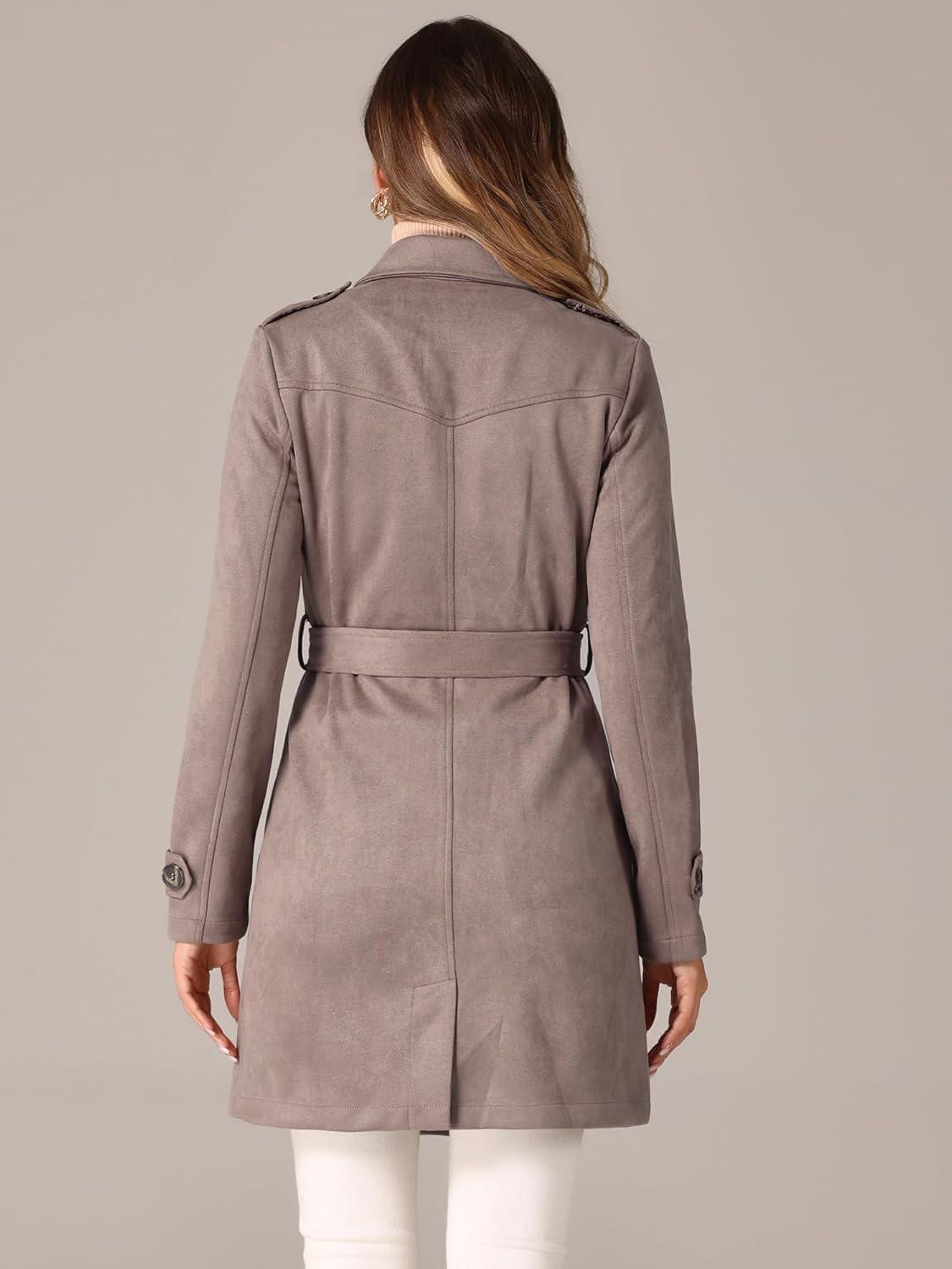 imageAllegra K Womens Faux Suede Trench Coat Notched Lapel Double Breasted Jacket with BeltDark Beige