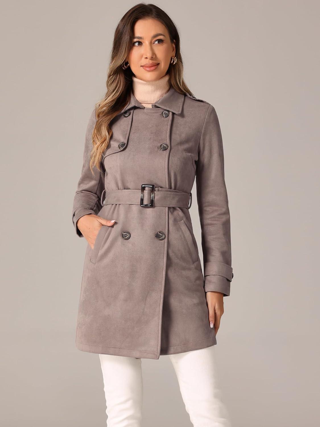 imageAllegra K Womens Faux Suede Trench Coat Notched Lapel Double Breasted Jacket with BeltDark Beige