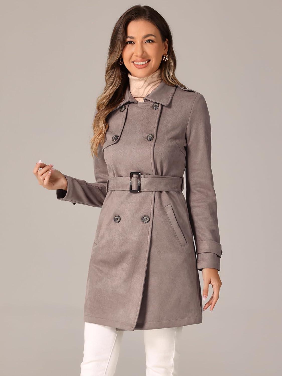 imageAllegra K Womens Faux Suede Trench Coat Notched Lapel Double Breasted Jacket with BeltDark Beige