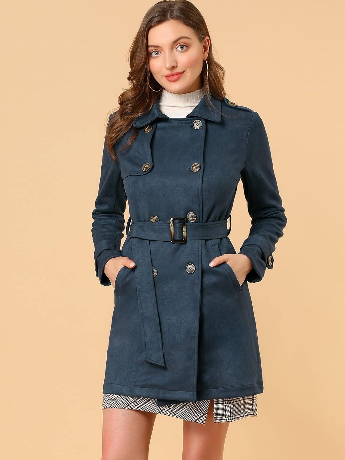 imageAllegra K Womens Faux Suede Trench Coat Notched Lapel Double Breasted Jacket with BeltDark Blue