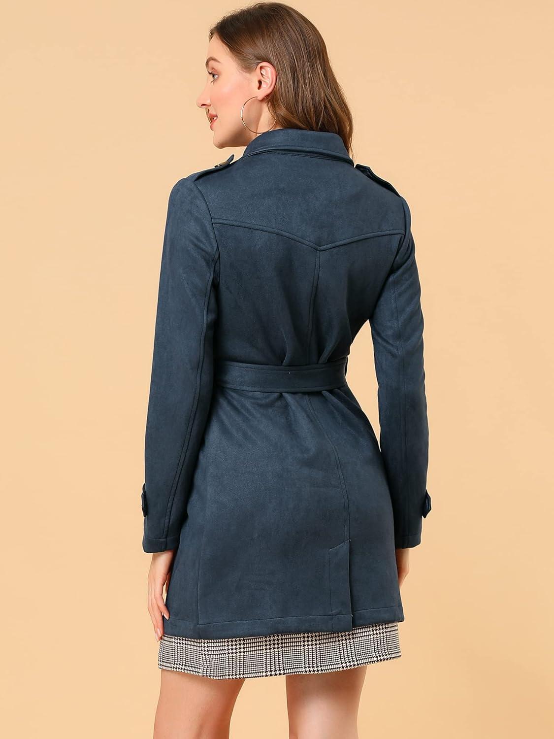 imageAllegra K Womens Faux Suede Trench Coat Notched Lapel Double Breasted Jacket with BeltDark Blue
