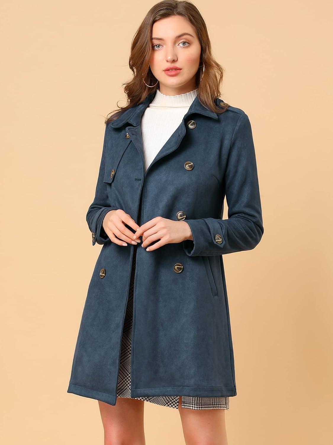 imageAllegra K Womens Faux Suede Trench Coat Notched Lapel Double Breasted Jacket with BeltDark Blue