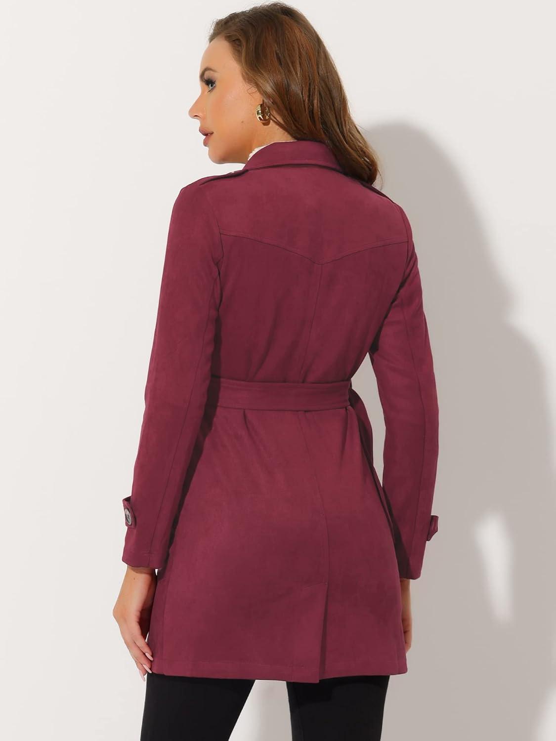 imageAllegra K Womens Faux Suede Trench Coat Notched Lapel Double Breasted Jacket with BeltDeep Red