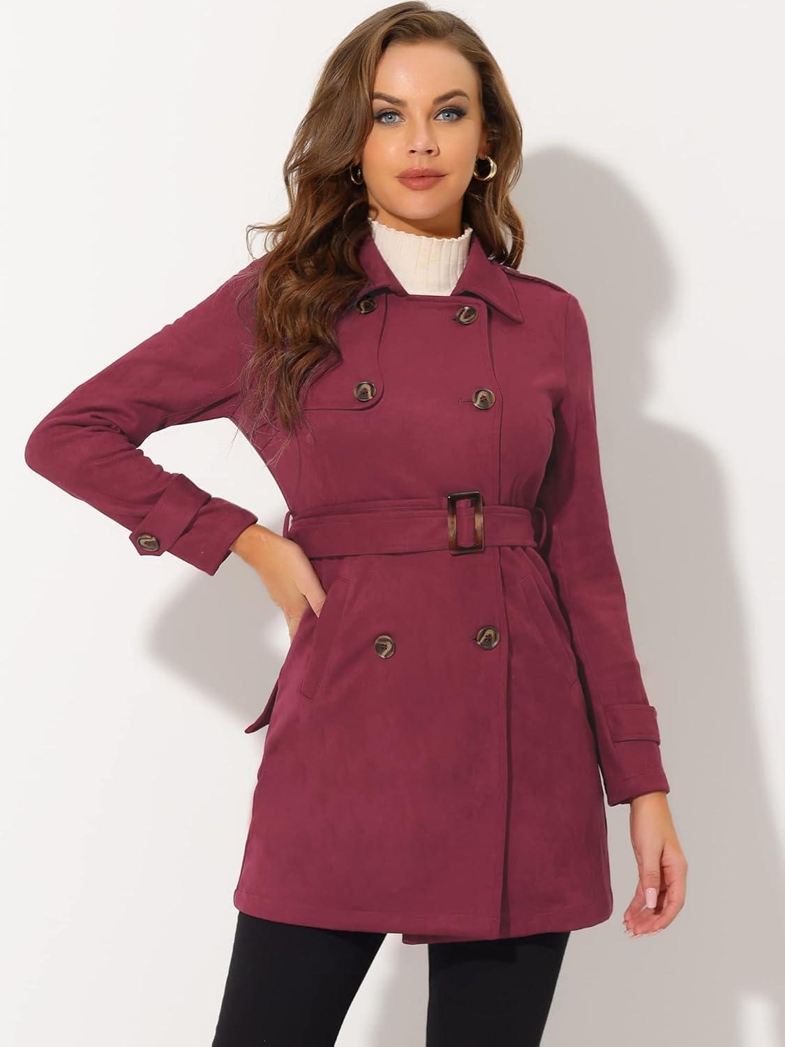 imageAllegra K Womens Faux Suede Trench Coat Notched Lapel Double Breasted Jacket with BeltDeep Red