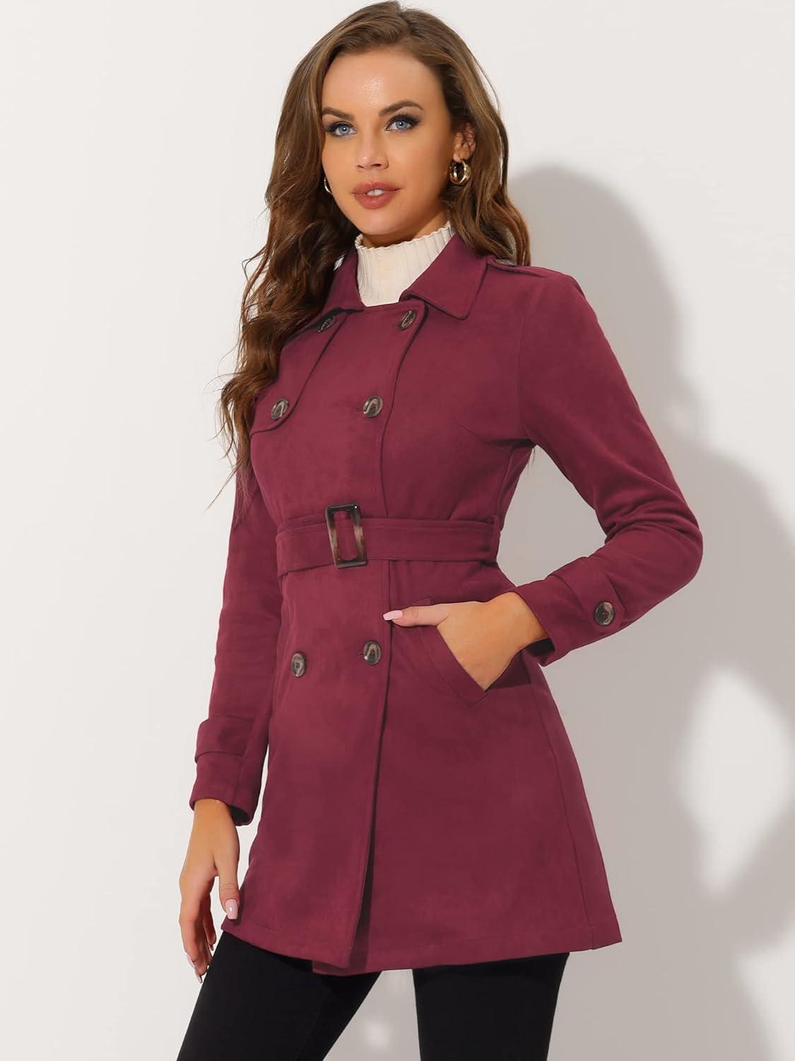 imageAllegra K Womens Faux Suede Trench Coat Notched Lapel Double Breasted Jacket with BeltDeep Red