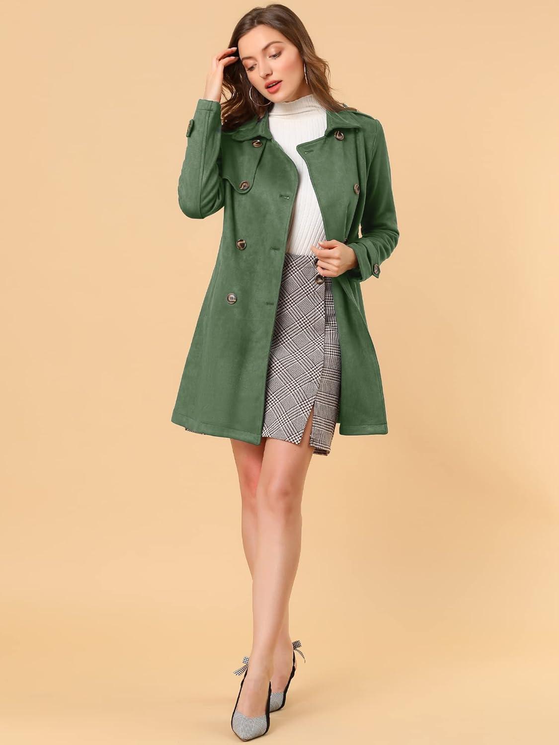 imageAllegra K Womens Faux Suede Trench Coat Notched Lapel Double Breasted Jacket with BeltGreen