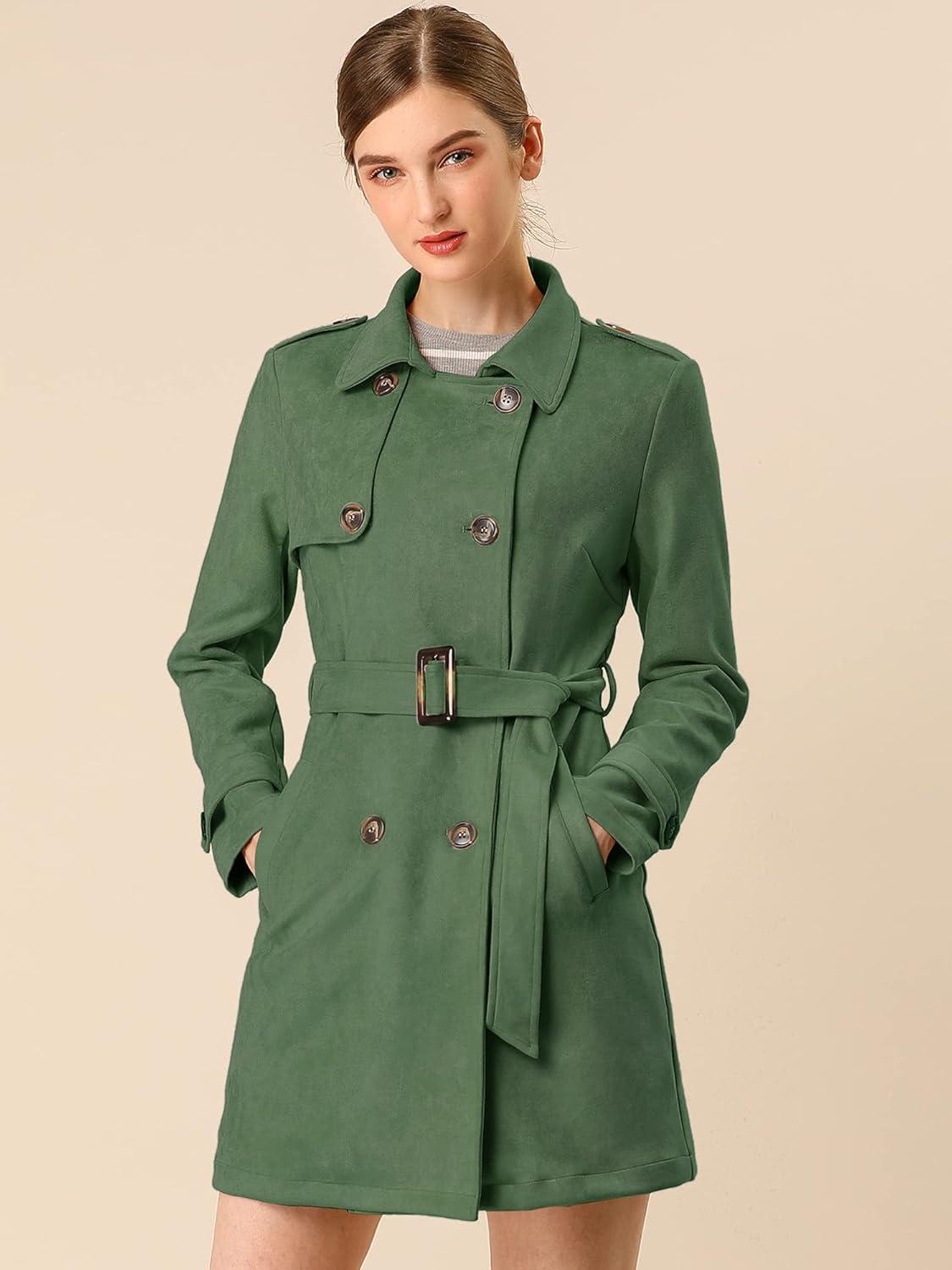 imageAllegra K Womens Faux Suede Trench Coat Notched Lapel Double Breasted Jacket with BeltGreen
