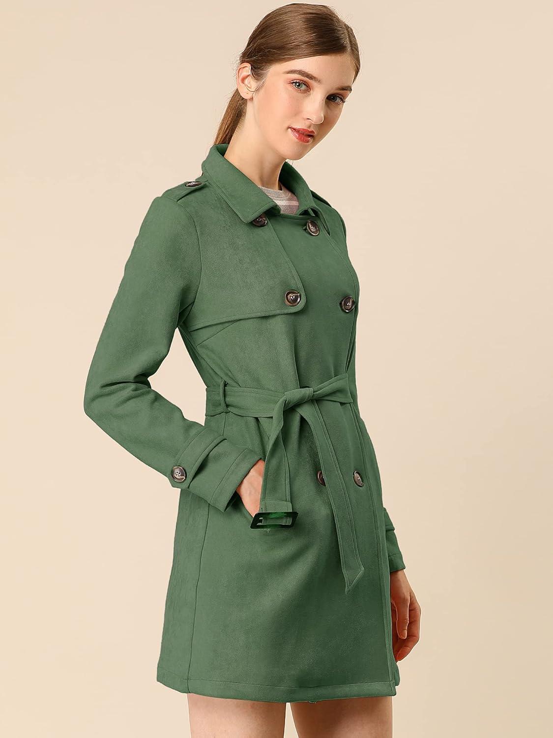 imageAllegra K Womens Faux Suede Trench Coat Notched Lapel Double Breasted Jacket with BeltGreen