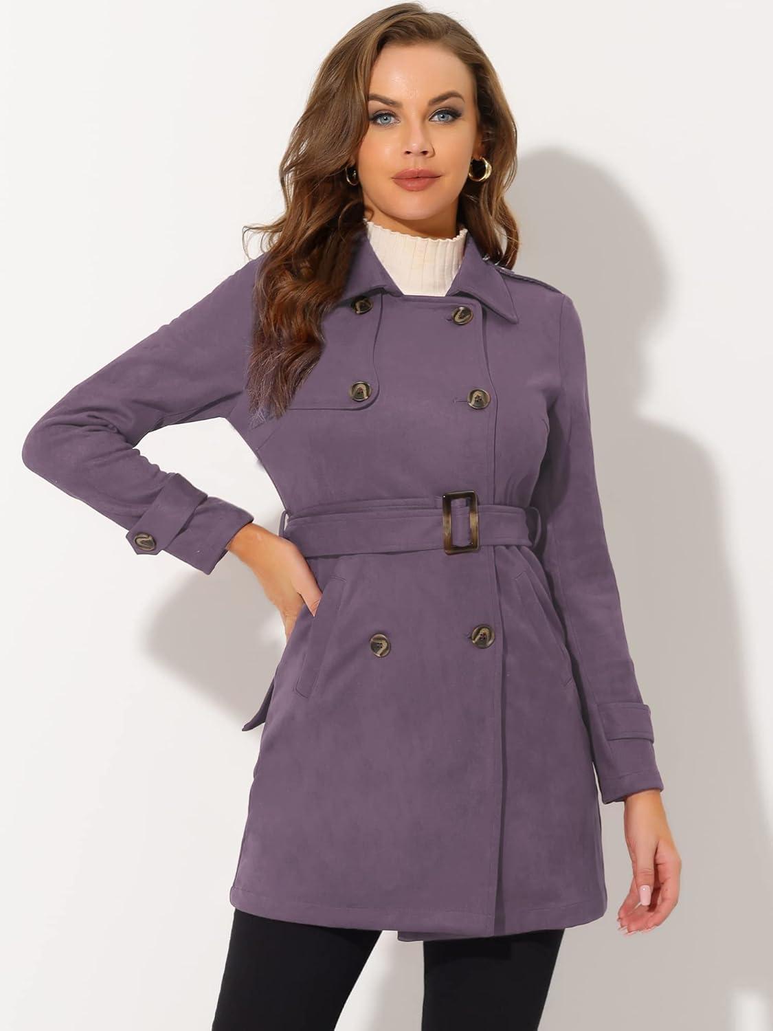imageAllegra K Womens Faux Suede Trench Coat Notched Lapel Double Breasted Jacket with BeltGrey Purple