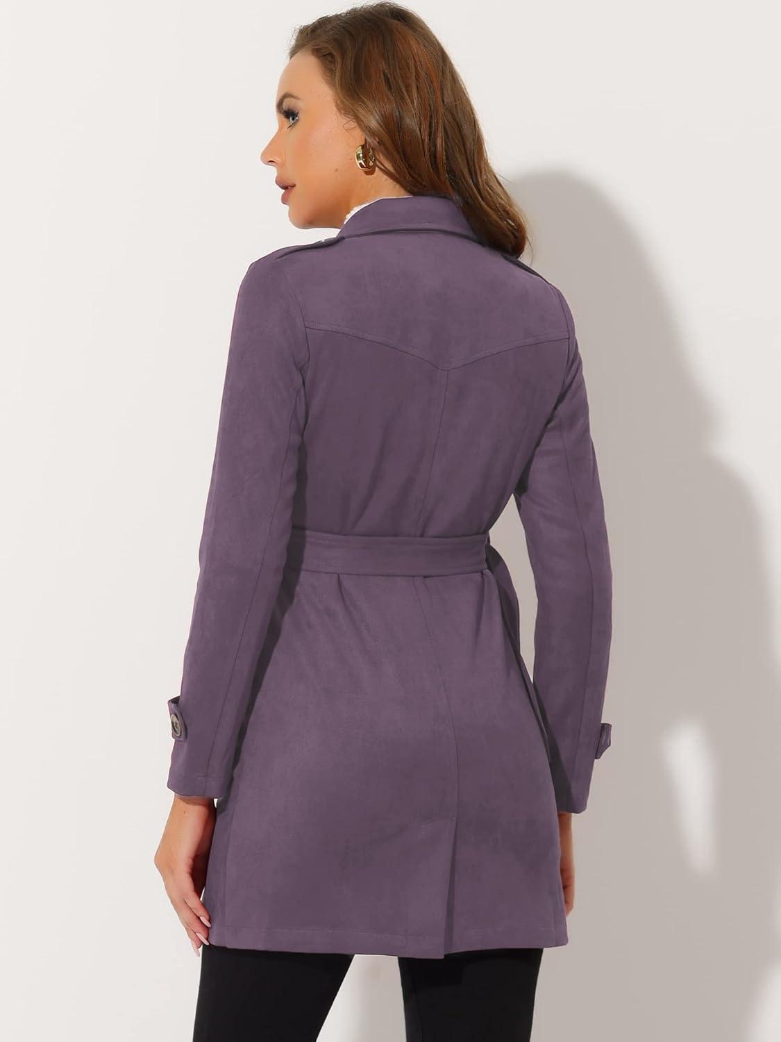 imageAllegra K Womens Faux Suede Trench Coat Notched Lapel Double Breasted Jacket with BeltGrey Purple