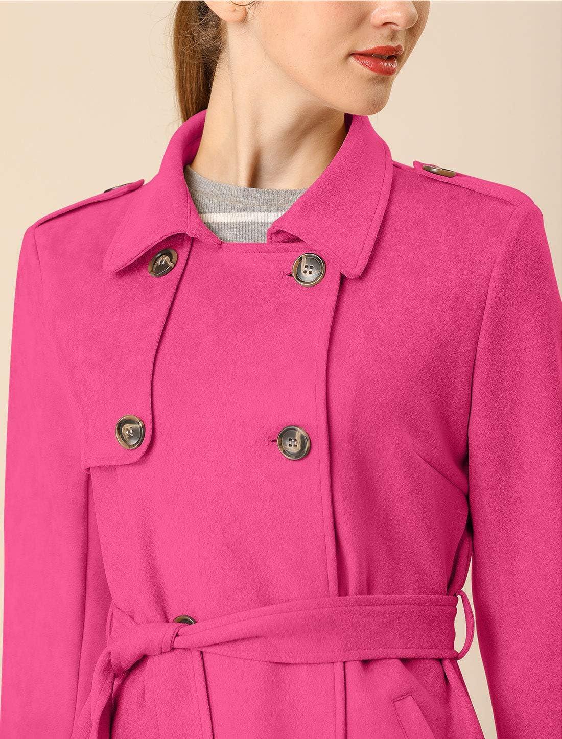 imageAllegra K Womens Faux Suede Trench Coat Notched Lapel Double Breasted Jacket with BeltHot Pink